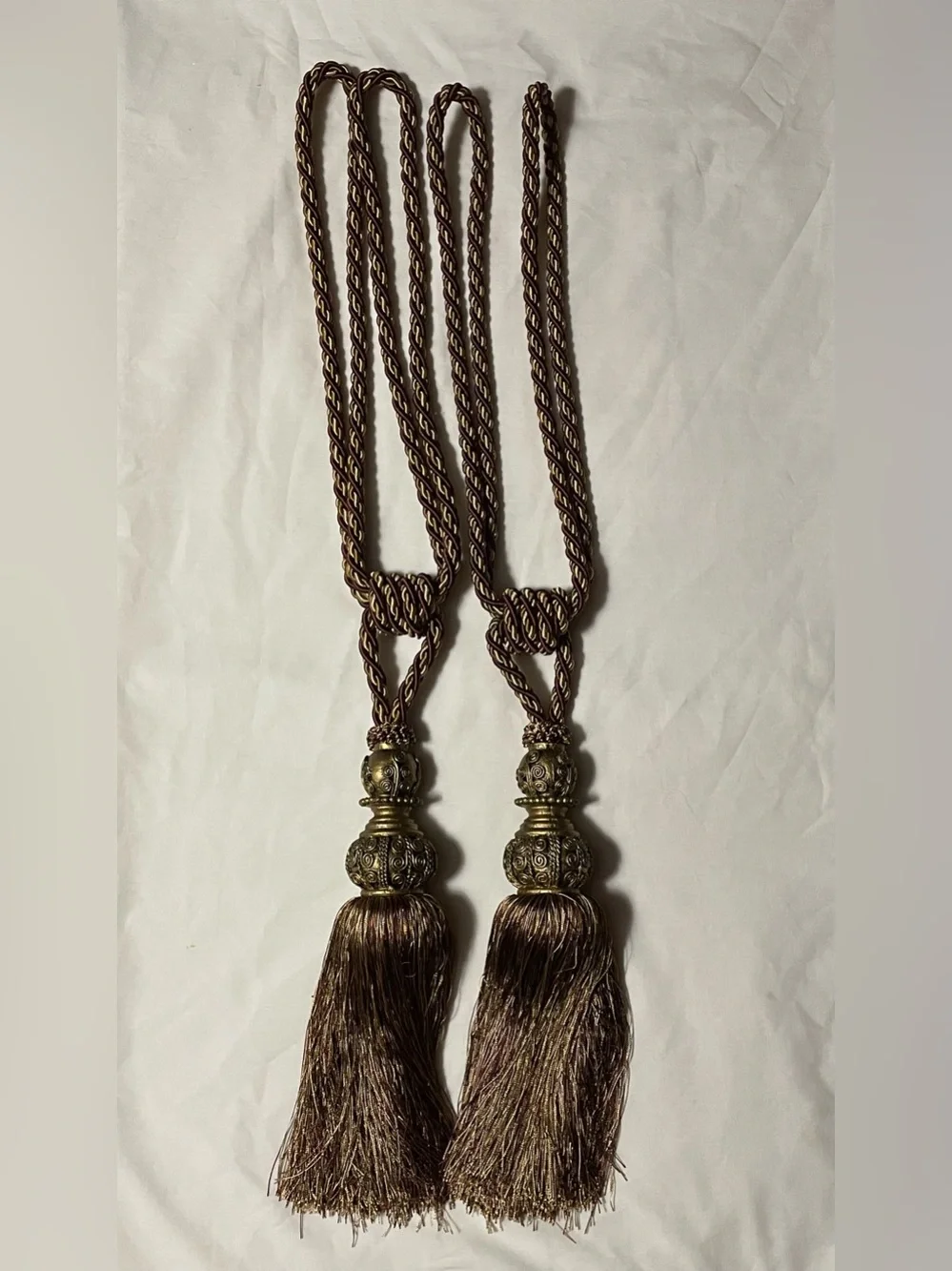 Vintage Large Tassel Curtain Tiebacks - Twisted Brown & Gold Braided Rope Pair